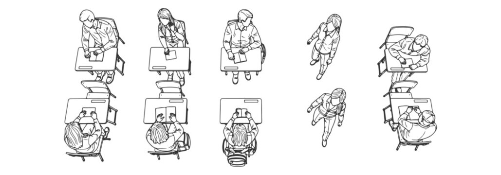 Architectural Vector Entourage for Plans: Top View Outline Students Studying for University and School Layouts