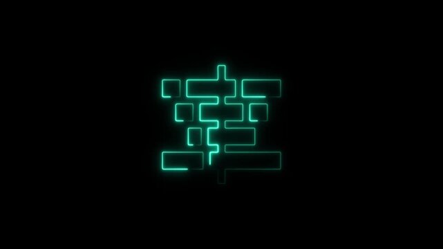 Teal Glowing Neon Organizational Flow Chart Video Animation on Black Background, Abstract Corporate Structure and Planning Visualization