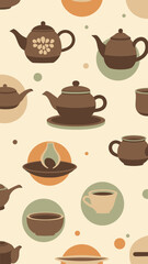 Elegant Tea Time Pattern Featuring Decorative Teapots, Cups, and Bowls for Design