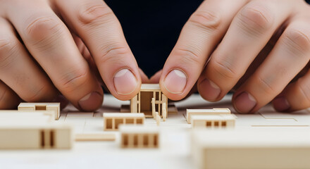 Close-up of architect hands carefully adjusting a minimalist architectural scale model, showing precision, planning, and professional design workflow for modern building projects.