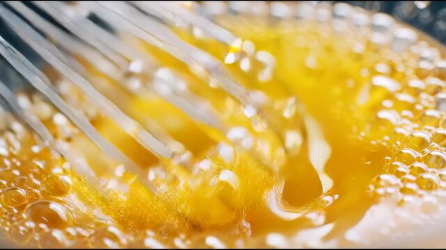 Close-up of metal whisk in yellow bubbly liquid kitchen setting with warm tone and implied motion