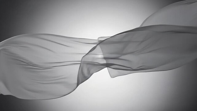 Elegant sheer fabric flowing gracefully against a soft, gradient gray background.