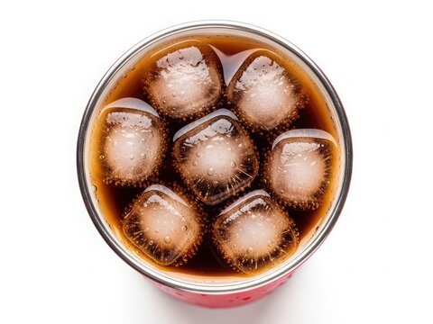 Glass of cola with ice cubes on white background