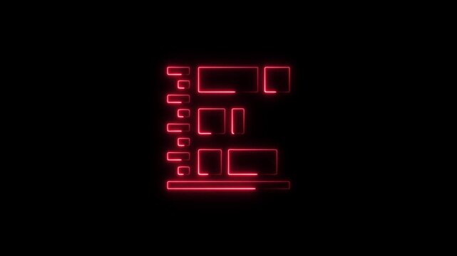 Red Glowing Neon Digital User Interface Dashboard Wireframe Video Animation on Black Background, Abstract Software UI Design Concept