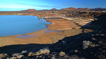 General view of Salinas de Janubio, salt flats located in La Hoya, Lanzarote, Canary Islands, Spain