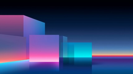 Neon cubes reflect light in digital landscape with dark sky and colorful horizon