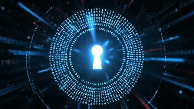 Abstract digital security concept with a glowing blue keyhole surrounded by binary code and data streams.