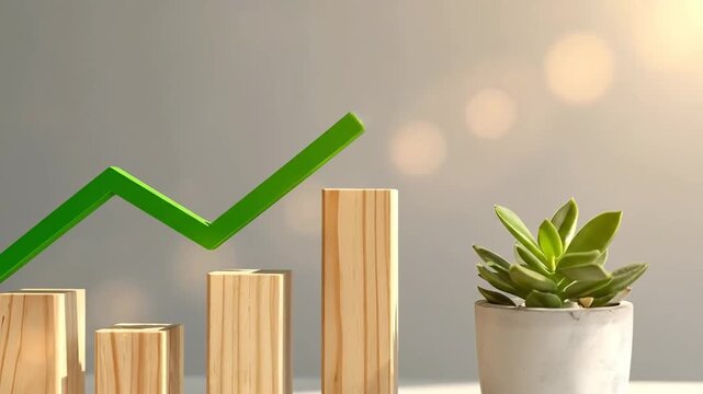 Wooden blocks arranged as a bar graph with a green arrow pointing upwards, symbolizing growth.