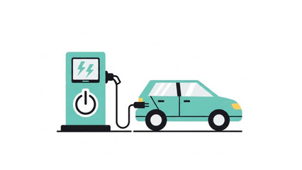 A vector graphic illustration of an electric car charging at a station