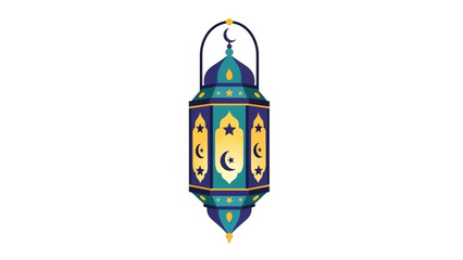 A colorful lantern with crescent moons and stars on a white background