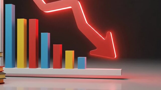 Declining financial graph with downward arrow, books, and coins, illustrating economic downturn.
