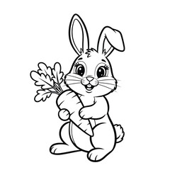 Obraz premium a charming black and white illustration depicts a cute bunny holding a vibrant carrot smiling cheerfully