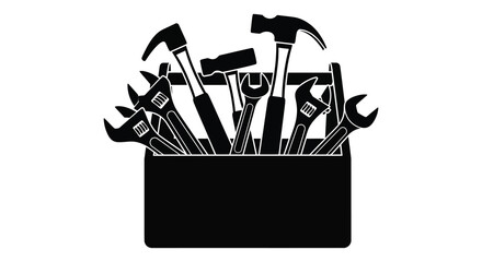 a striking black and white illustration depicting a collection of various hand tools arranged within a container ending with silhouette © mrvect02