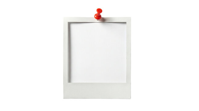 Blank white polaroid instant photo frame pinned with a red pushpin thumbtack. Isolated on transparent background, png