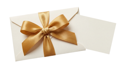 Blank gift card or invitation envelope with a golden satin ribbon bow. Isolated on transparent background, png