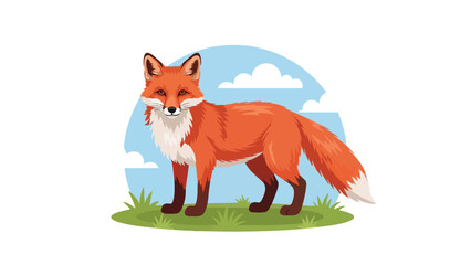 A charming illustrated red fox with a fluffy tail standing proudly amidst vibrant green grass under a clear blue sky with soft white clouds a