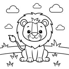 Obraz premium a cute black and white line drawing of a playful lion cub surrounded by fluffy clouds and grassy