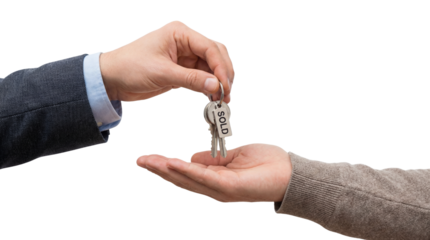 Real estate agent's hand giving house keys to a new homeowner. Isolated on transparent background, png