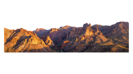 A panoramic desert mountain range at golden hour sunrise or sunset. Isolated on transparent background, png