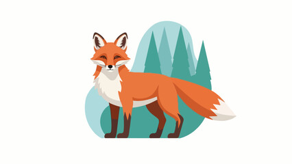 A vibrant orange fox with striking white markings stands gracefully in a stylized evergreen forest scene, capturing the essence of wild beauty in a