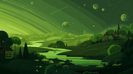 Green future landscape with rivers and hills under a cosmic sky at night