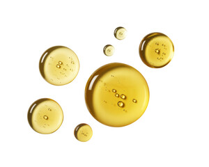 Vibrant oil drops of golden liquid, perfect for skincare serum and cosmetic texture applications, highlighting a premium beauty product.