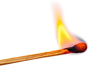 burning matchstick with flame on white background.