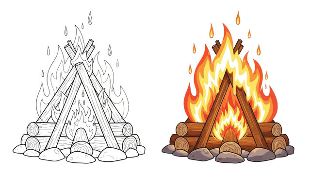 a detailed illustration showing a bonfire with wood logs and flames presented in both color and outline styles