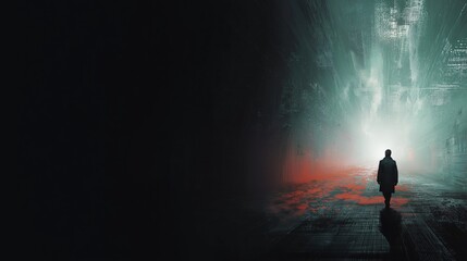 Future scene with person walking towards light in a digital landscape at night