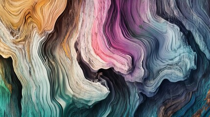 Closeup view of an abstract tree stump pattern showing colorful waves and curves creating a unique nature-inspired art style for background use and design purposes