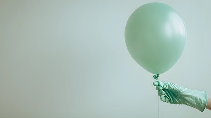 Hand wearing green glove holding pastel green latex balloon. Light green latex balloon held by a hand in a matching green glove. hand wearing a teal, mint-green rubber glove, holding green balloon. 