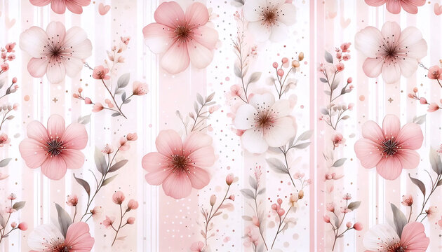 Cute pink seamless patterns Pink watercolor flowers polka dots and stripes, Ai generated image