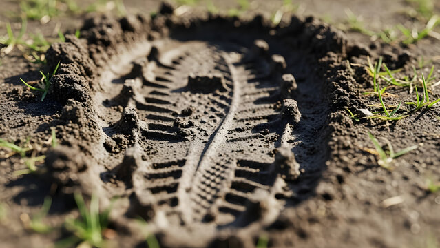 Close-up of a deep boot footprint in moist dark soil with small green grass sprouts, environmental impact and tracking concept - Generative AI