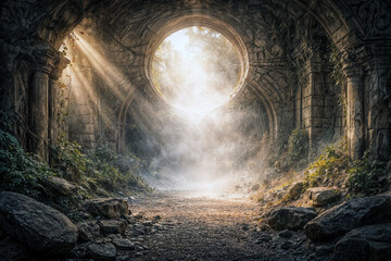 Naklejka premium Mystical Portal Through Ancient Ruins Landscape