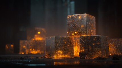 Bright amber glow from dark cubes in a cinematic environment