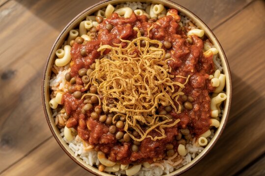 Down view of egyptian koshari dish with pasta rice lentils and tomato sauce