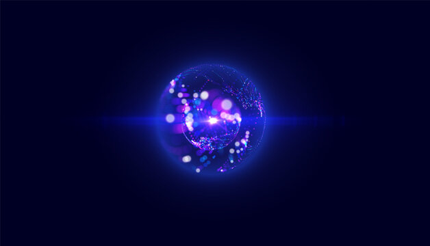 Futuristic glowing particle sphere with dynamic data streams and light, representing artificial intelligence, neural networks, big data, digital communication and advanced technology vector background