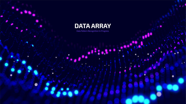 Real-time market data visualization with distorted blue-purple particles showing algorithmic trading, quantitative analysis, and live financial dashboard interfaces for fintech apps vector background