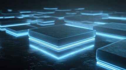 Floating transparent infrastructure layers with glowing edges on a dark surface at night