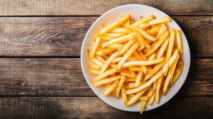 Delicious french fries served on a white plate placed on a rustic wooden table during a casual meal event