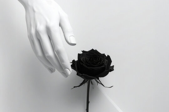 White sculptural hand gently hovering above a rare black Halfeti rose against a clean neutral background, creating a minimalist conceptual still life with strong contrast and natural copy space