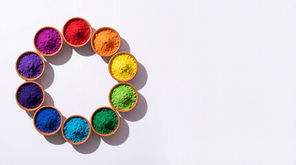 Color powders form circle on white. Color powder bowls create vibrant palette for Holi festival greeting, color powder flat lay with copy space for spring party design, modern branding theme