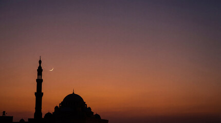 Mosque silhouette under crescent moon sky. Mosque skyline at sunset with minaret and calm twilight, spiritual mosque scene for Ramadan greeting, Eid al-Fitr card, serene evening concept