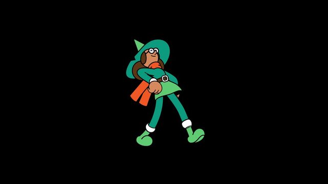 Whimsical Animated Female Character in Green Outfit Walking, Chroma Key Loop.