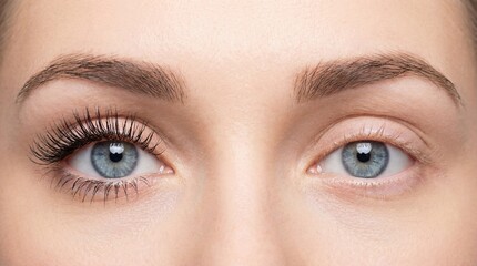 Naklejka premium Difference in appearance of eyes with and without mascara shown on a model in a close-up view