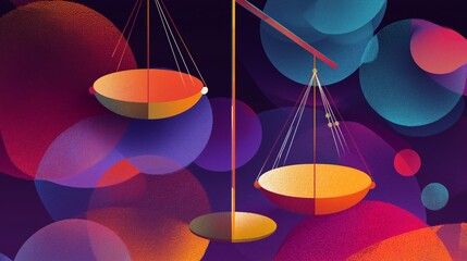 Balance scales represent fairness in decentralized finance with colorful design and abstract shapes