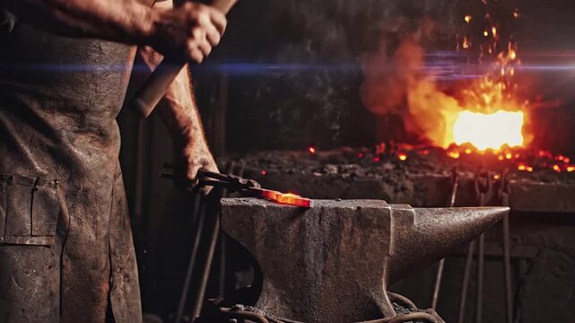 Blacksmith hammering hot metal on anvil in a forge.