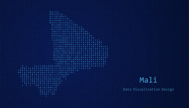 Mali map made of binary code on tech blue background