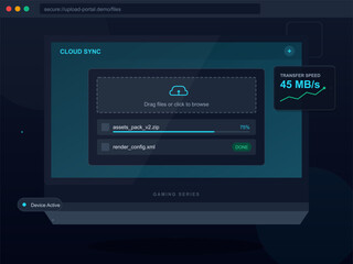 A cloud sync window displays the progress of a file transfer on a computer screen. The transfer speed shows 45 MB/s as the file reaches 75 percent completion.