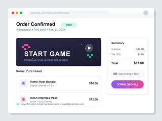 A user receives a confirmation for an order made on February 24, 2024. The items include a Retro Pixel Bundle and a New Interface Pack with total charges displayed.
